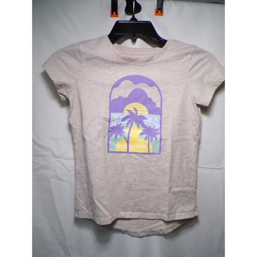 Member's Mark Girls M 7/8 Graphic T Shirt Beige Palm Sunset Short Sleeve